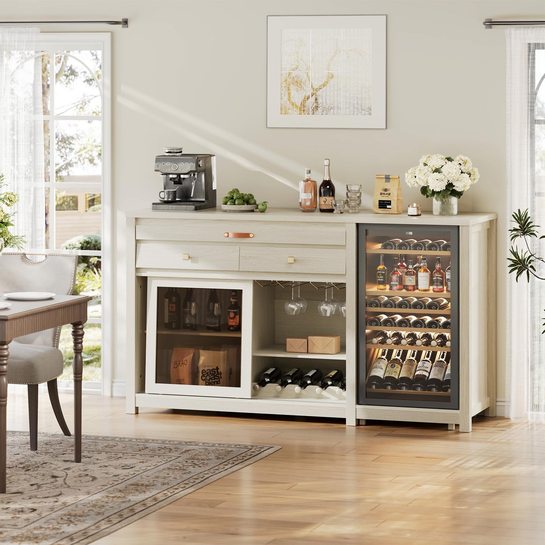 Coffee Bar Cabinet with Fridge Space, Wine Rack & Storage
