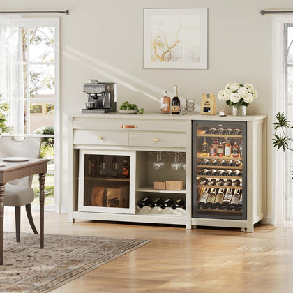 Coffee Bar Cabinet with Fridge Space, Wine Rack & Storage