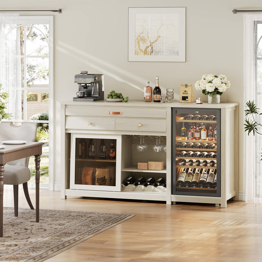Coffee Bar Cabinet with Fridge Space, Wine Rack & Storage