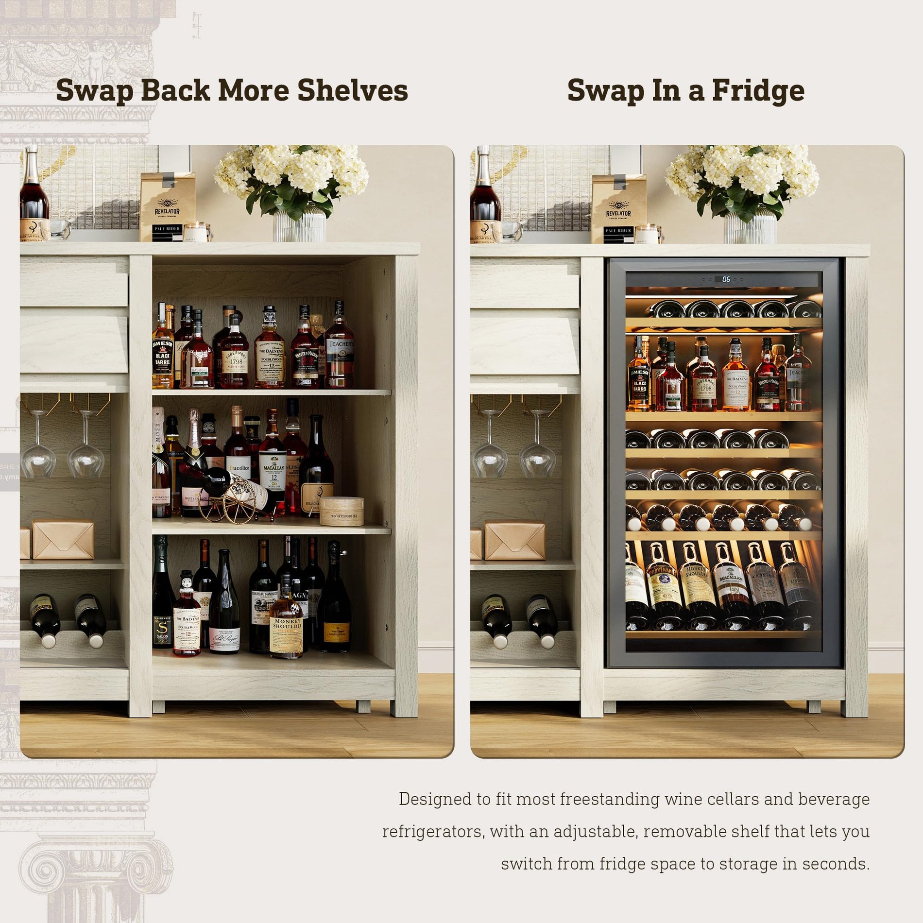 Coffee Bar Cabinet with Fridge Space, Wine Rack & Storage