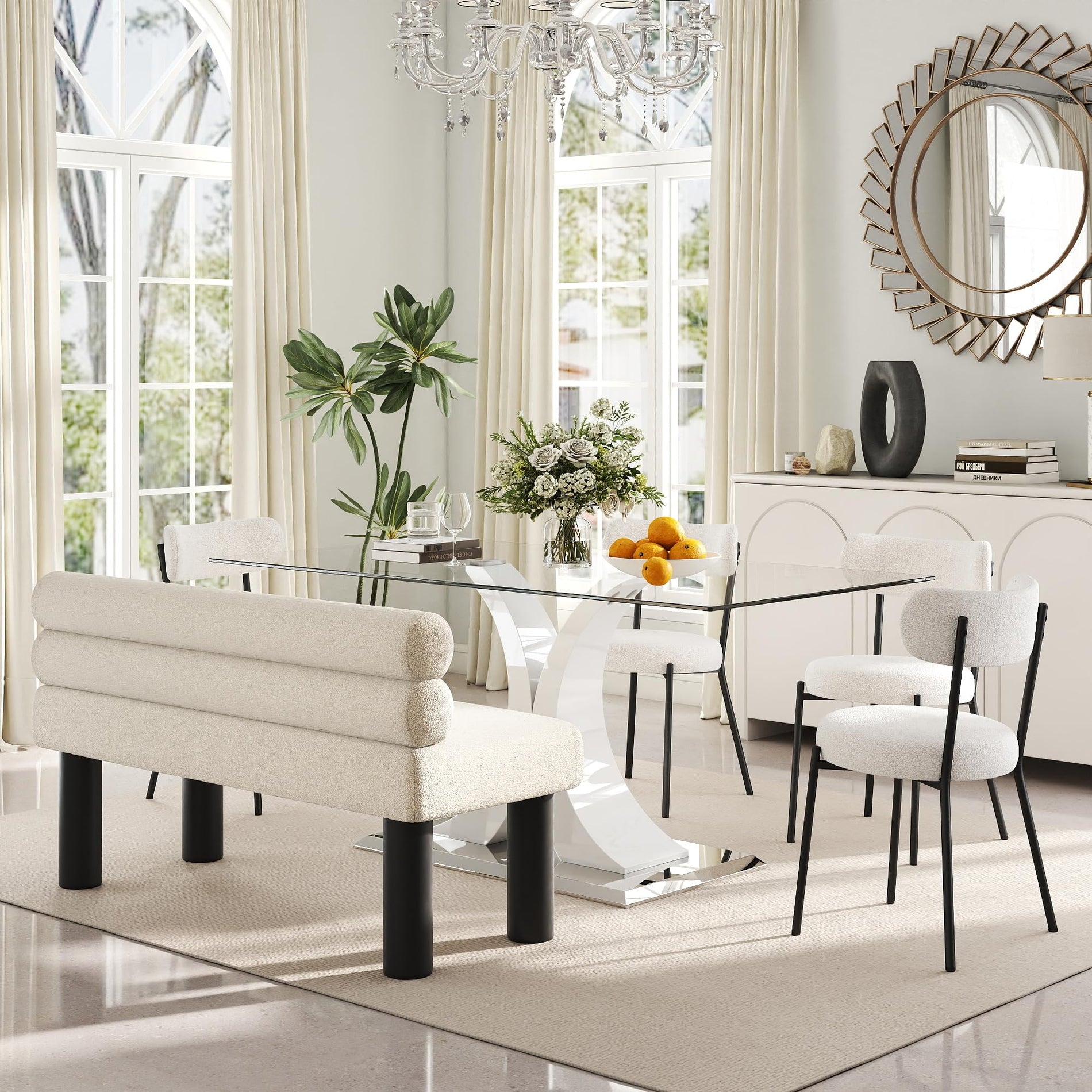 Glass Dining Table Set with Bouclé Chairs & Bench