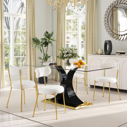 Glass Dining Table Set with Bouclé Chairs & Bench