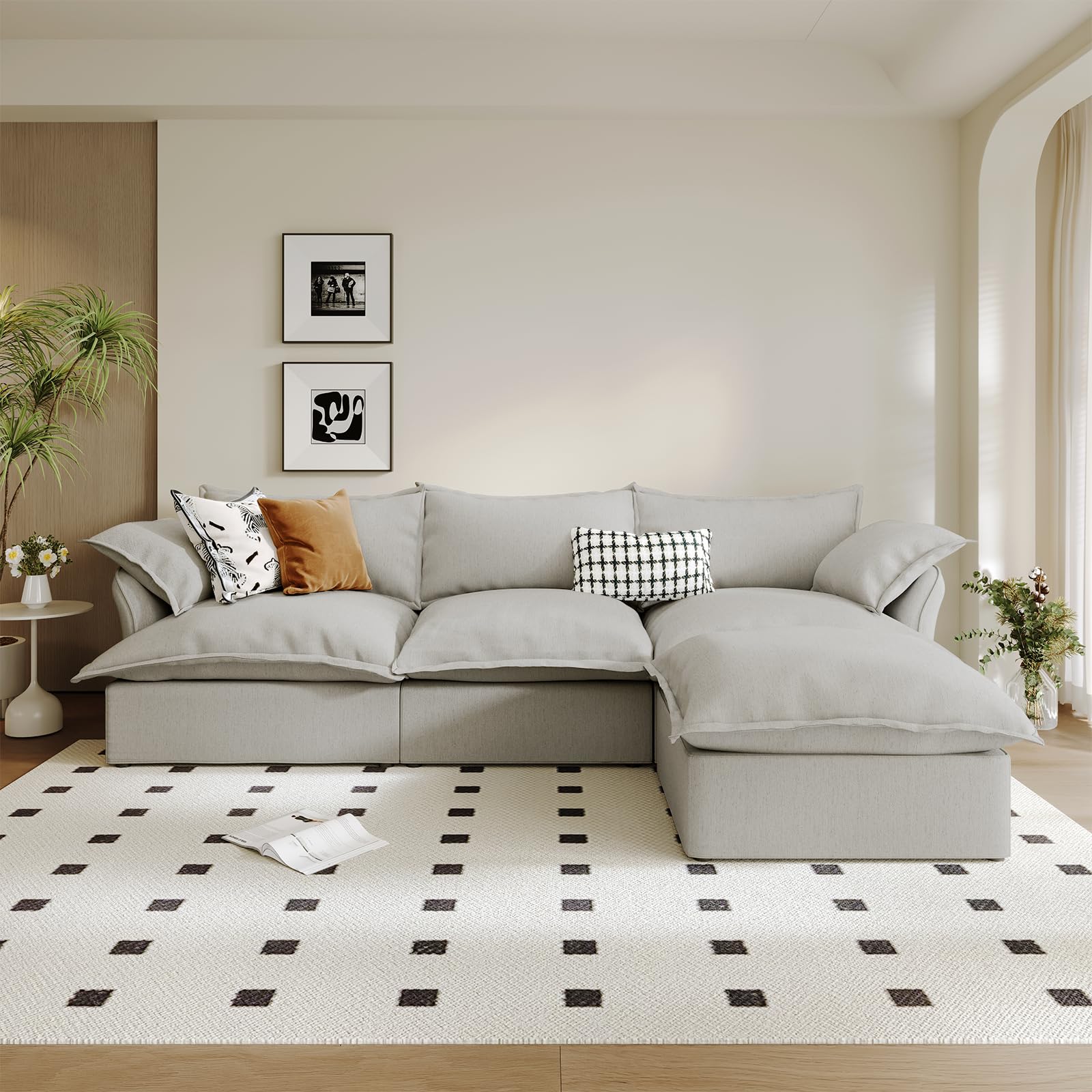 Modular Linen Sectional Sofa with Deep Seats & Removable Covers