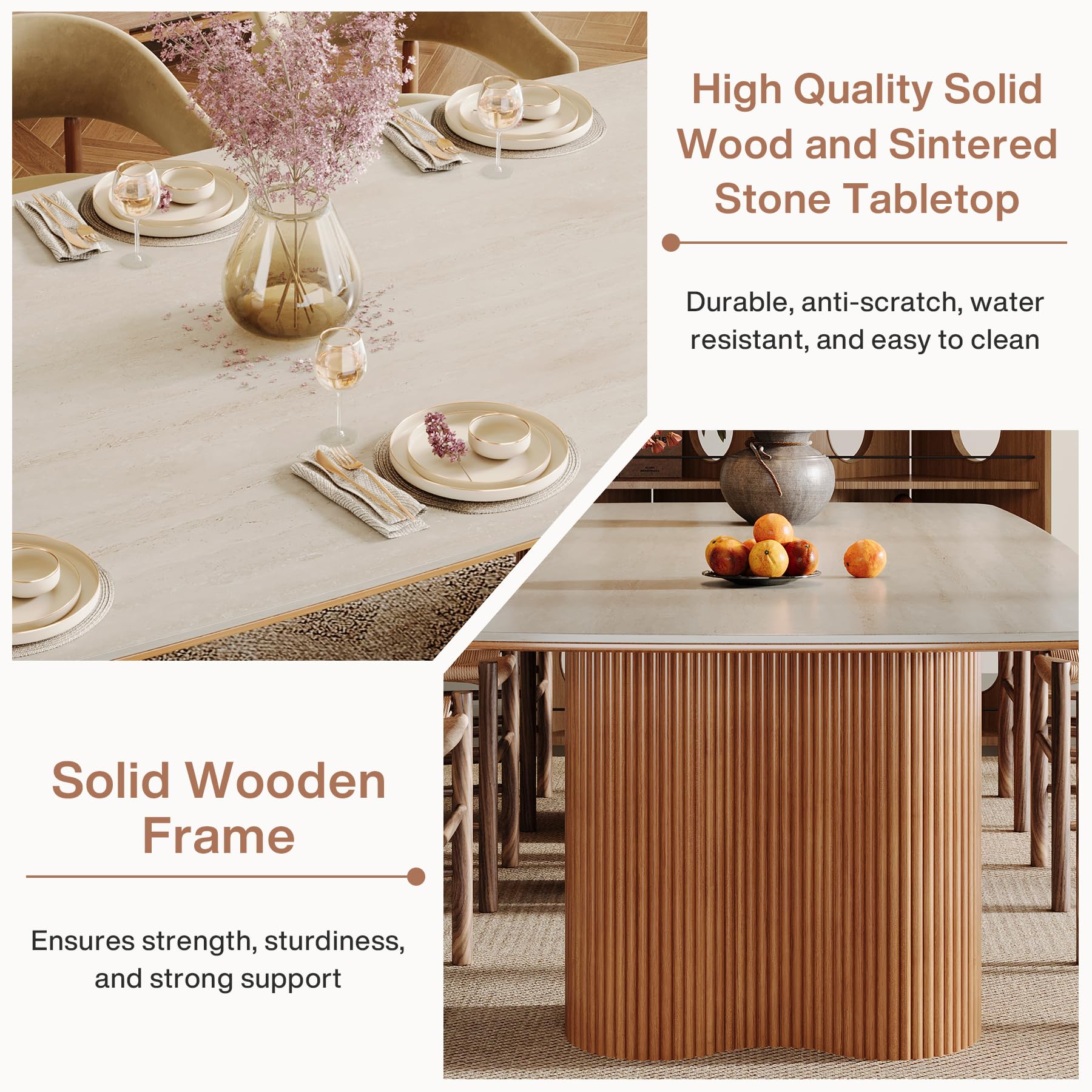 Sintered Stone Dining Table with Solid Wood Legs
