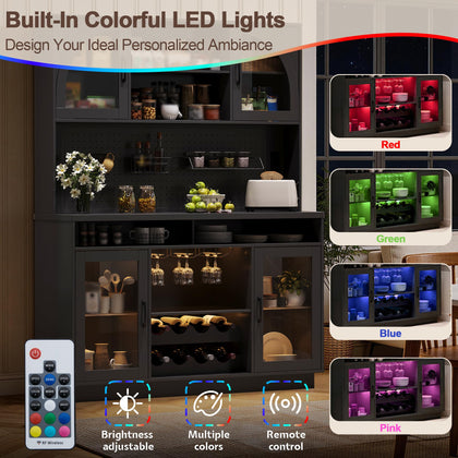 Kitchen Pantry Cabinet with Charging Station, LED Lights & Wine Rack