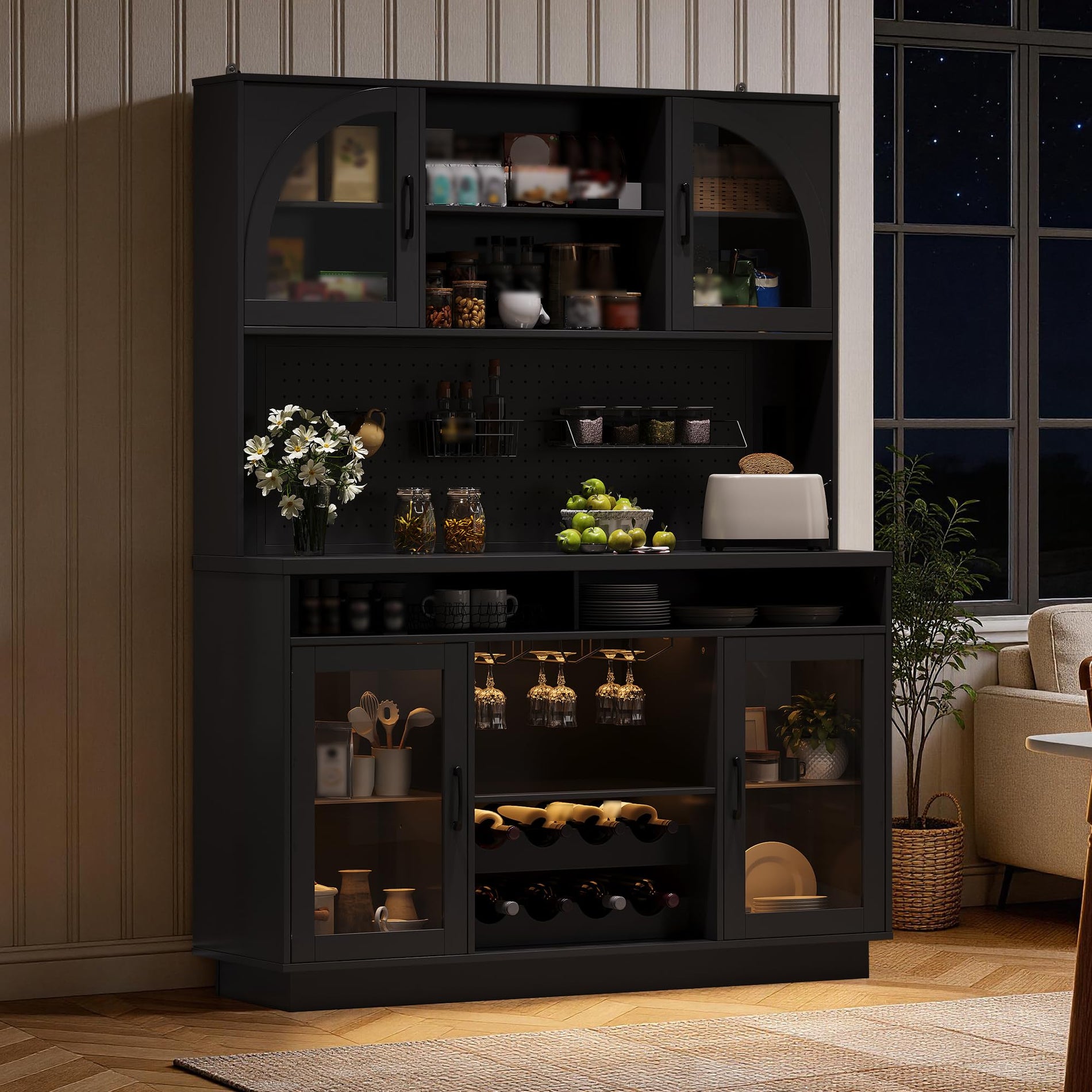 Kitchen Pantry Cabinet with Charging Station, LED Lights & Wine Rack