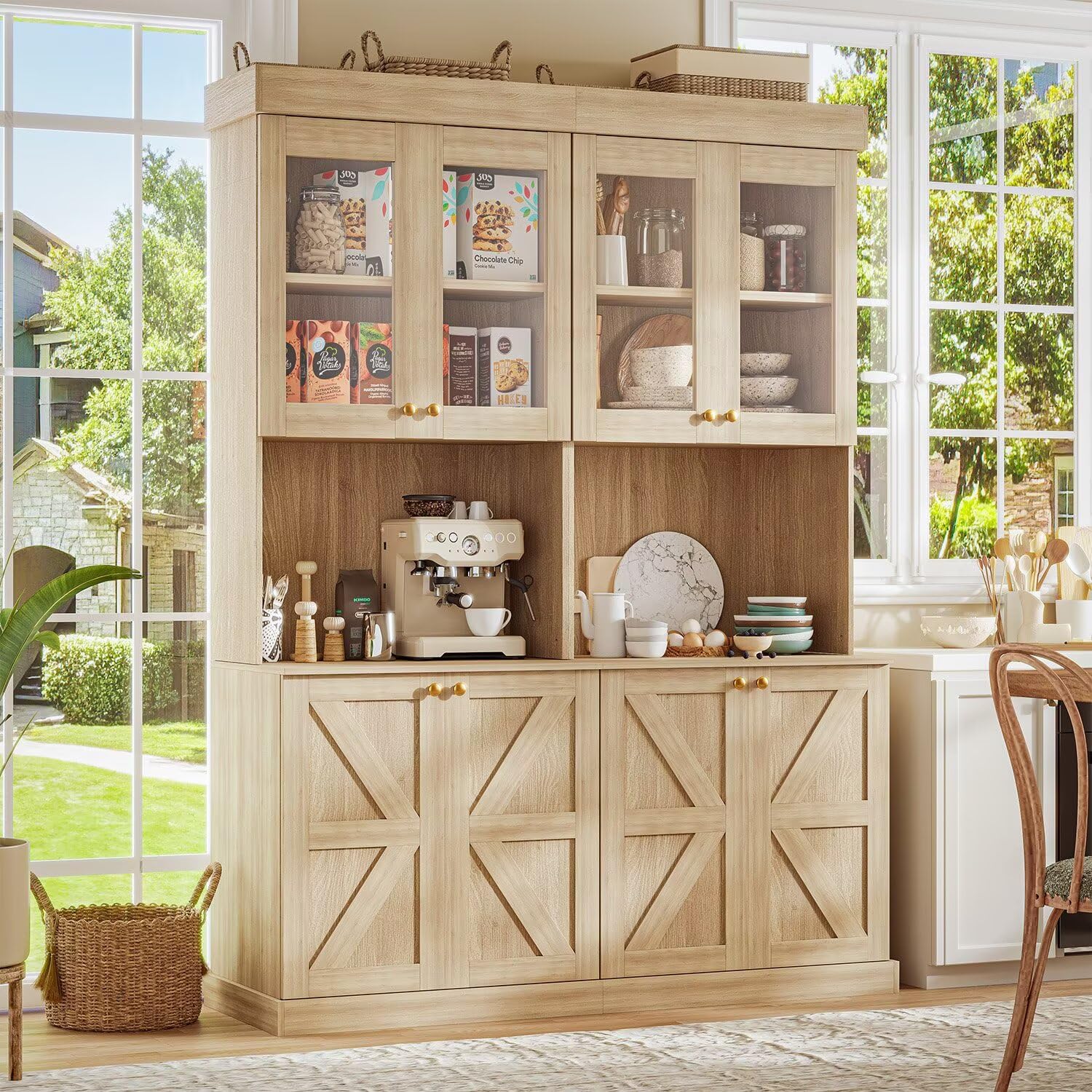 Farmhouse Pantry Cabinet with Glass Doors