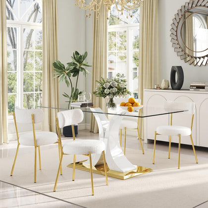 Glass Dining Table Set with Bouclé Chairs & Bench