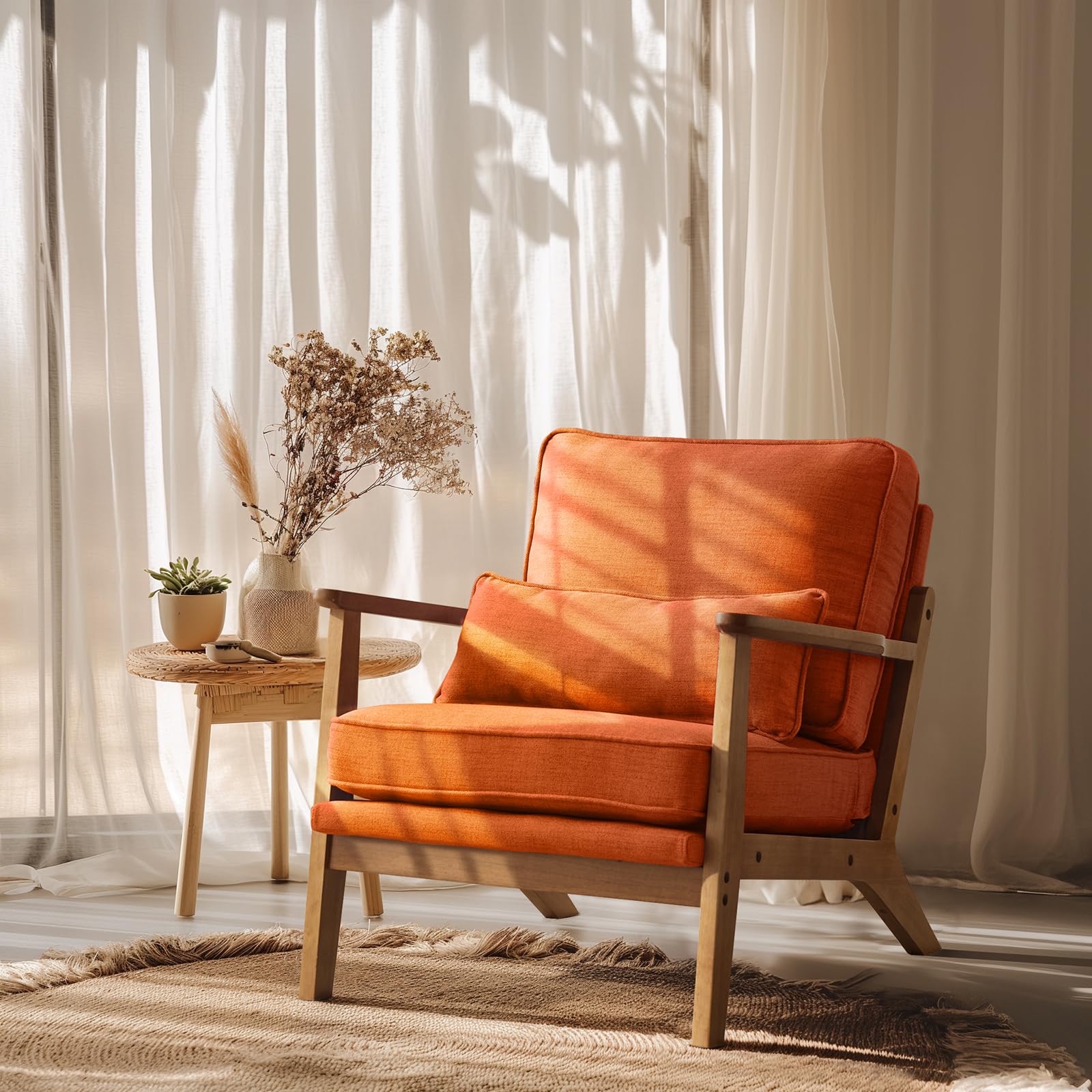 Mid-Century Accent Chair with Solid Wood Armrests