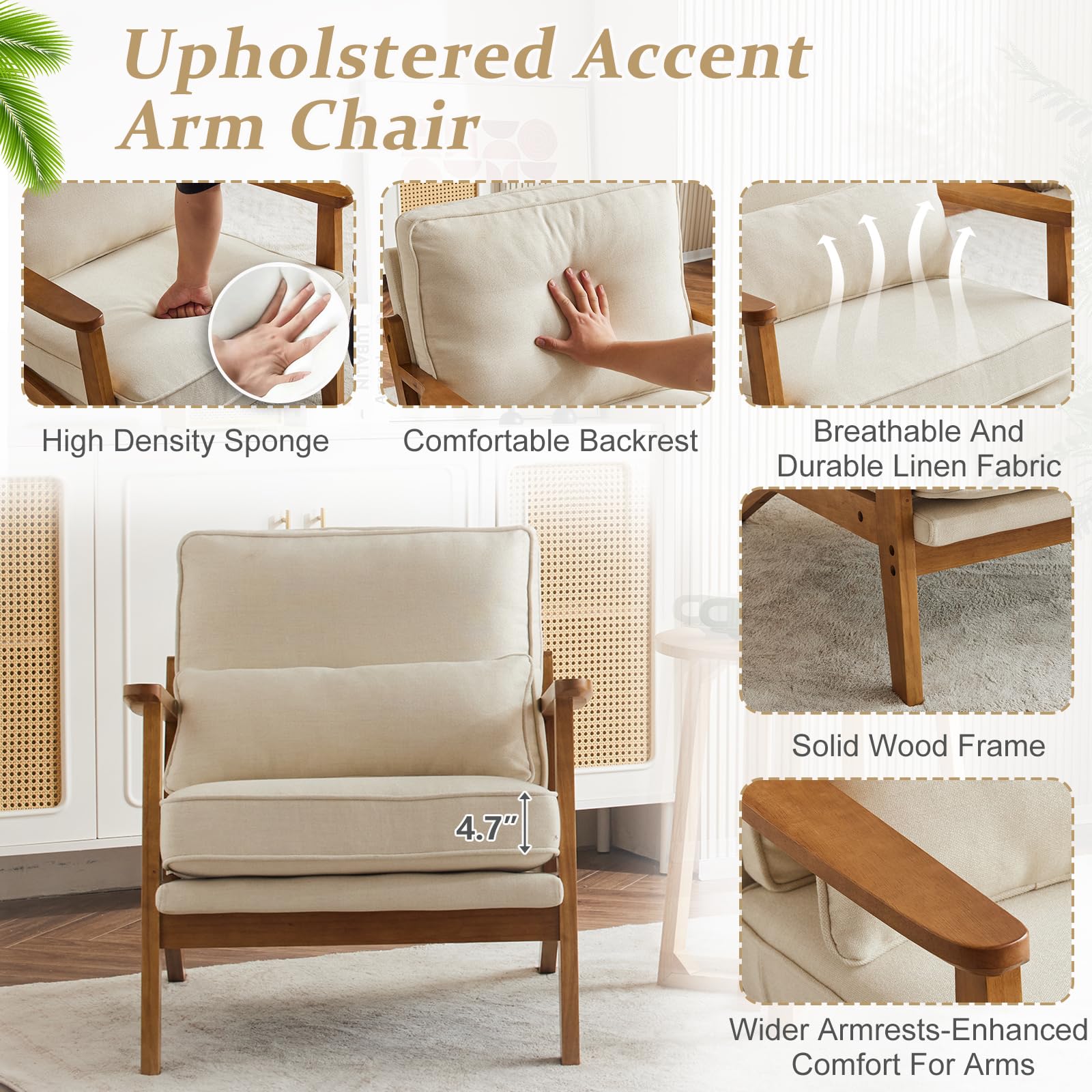 Mid-Century Accent Chair with Solid Wood Armrests