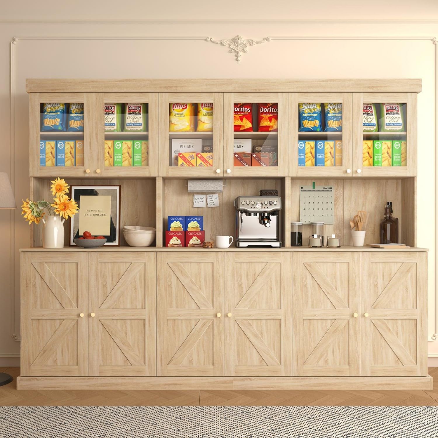 Farmhouse Pantry Cabinet with Glass Doors