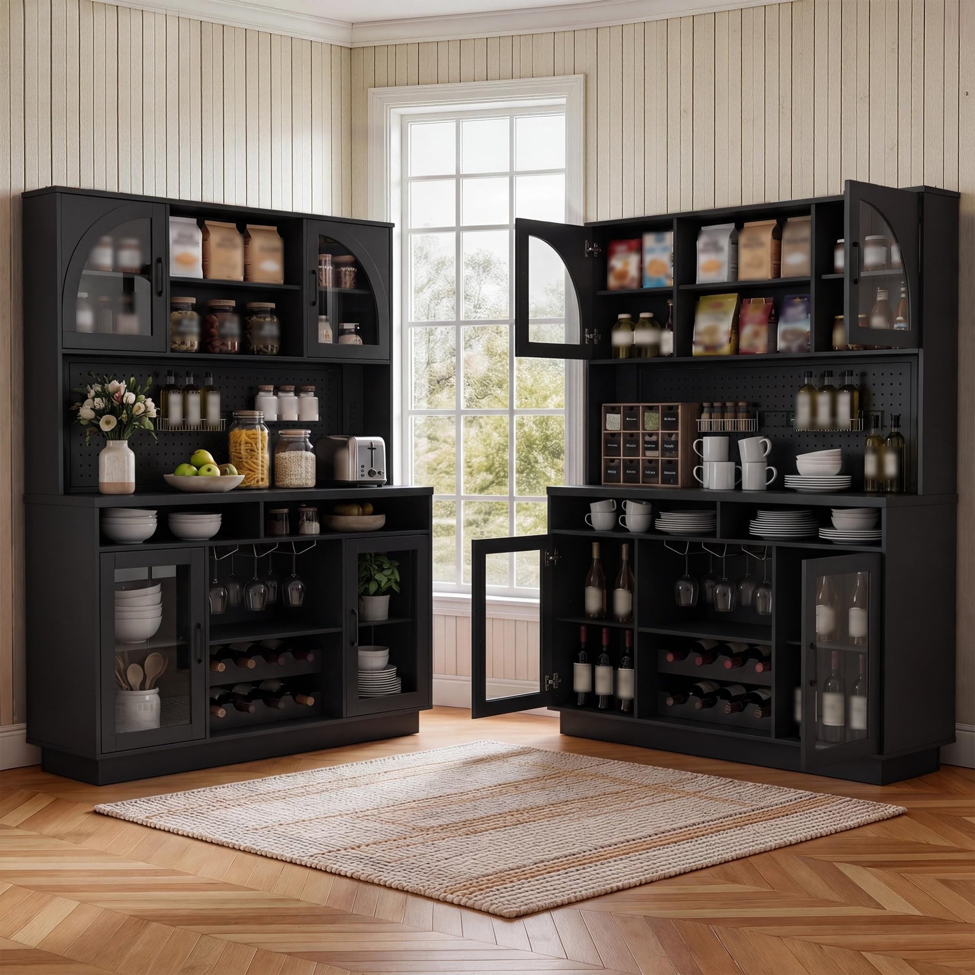 Kitchen Pantry Cabinet with Charging Station, LED Lights & Wine Rack