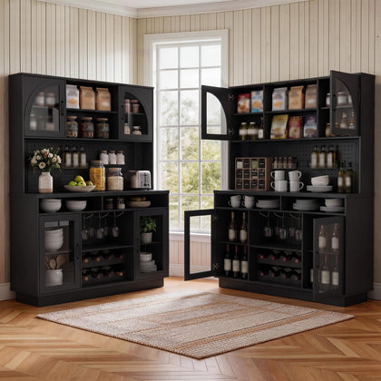 Kitchen Pantry Cabinet with Charging Station, LED Lights & Wine Rack