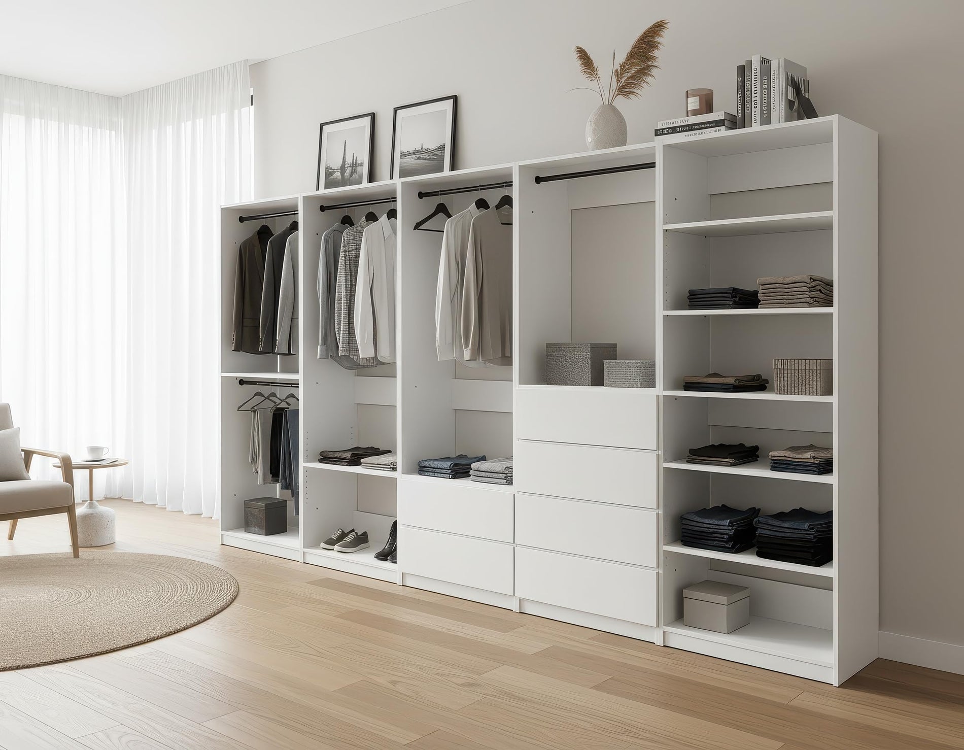 Freestanding Closet System with Shelves & Hanging Rods