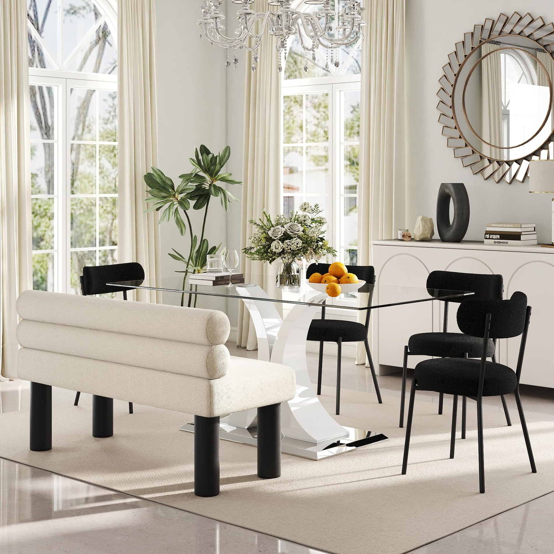 Glass Dining Table Set with Bouclé Chairs & Bench