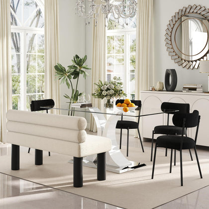 Glass Dining Table Set with Bouclé Chairs & Bench