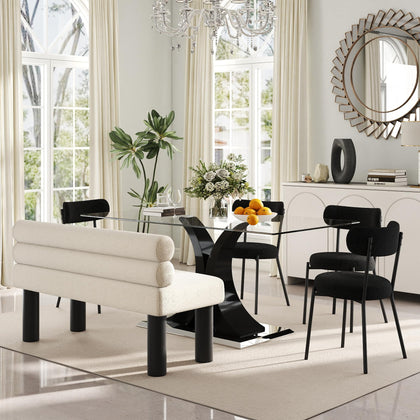 Glass Dining Table Set with Bouclé Chairs & Bench