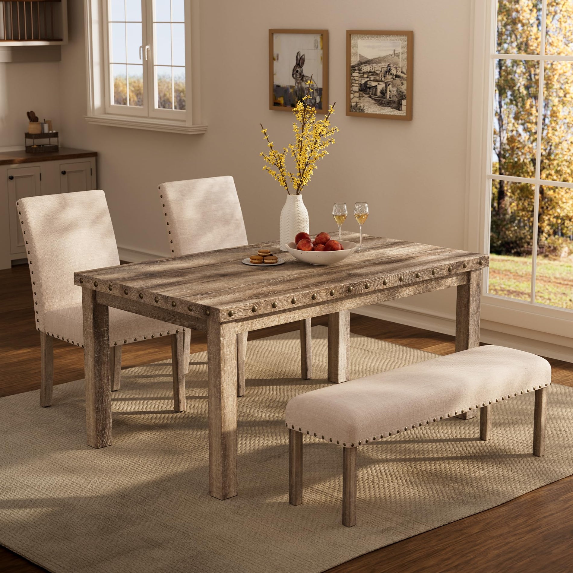 Farmhouse Dining Table Set with 4 Chairs & Bench