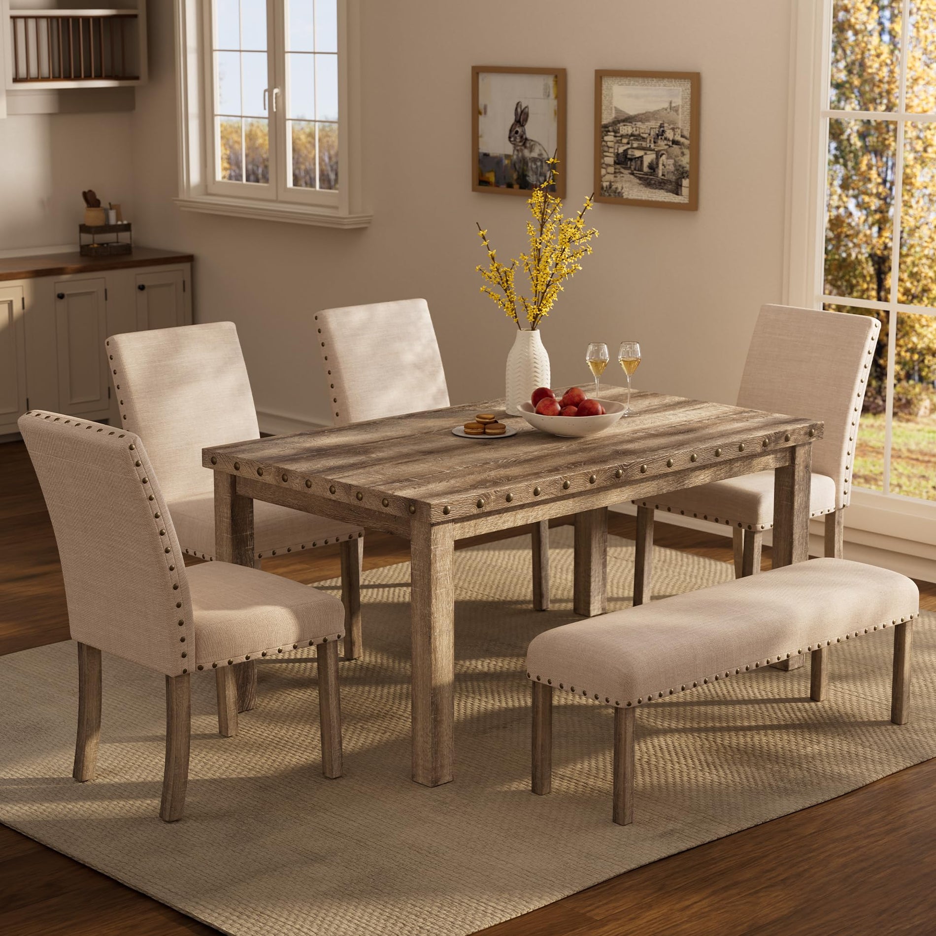 Farmhouse Dining Table Set with 4 Chairs & Bench