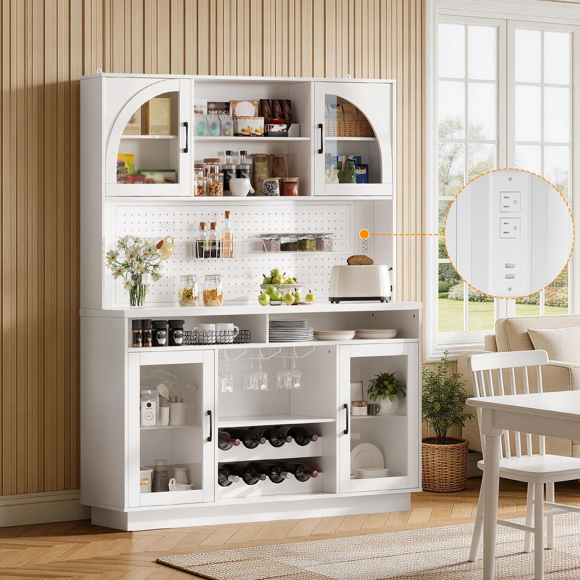 Kitchen Pantry Cabinet with Charging Station, LED Lights & Wine Rack