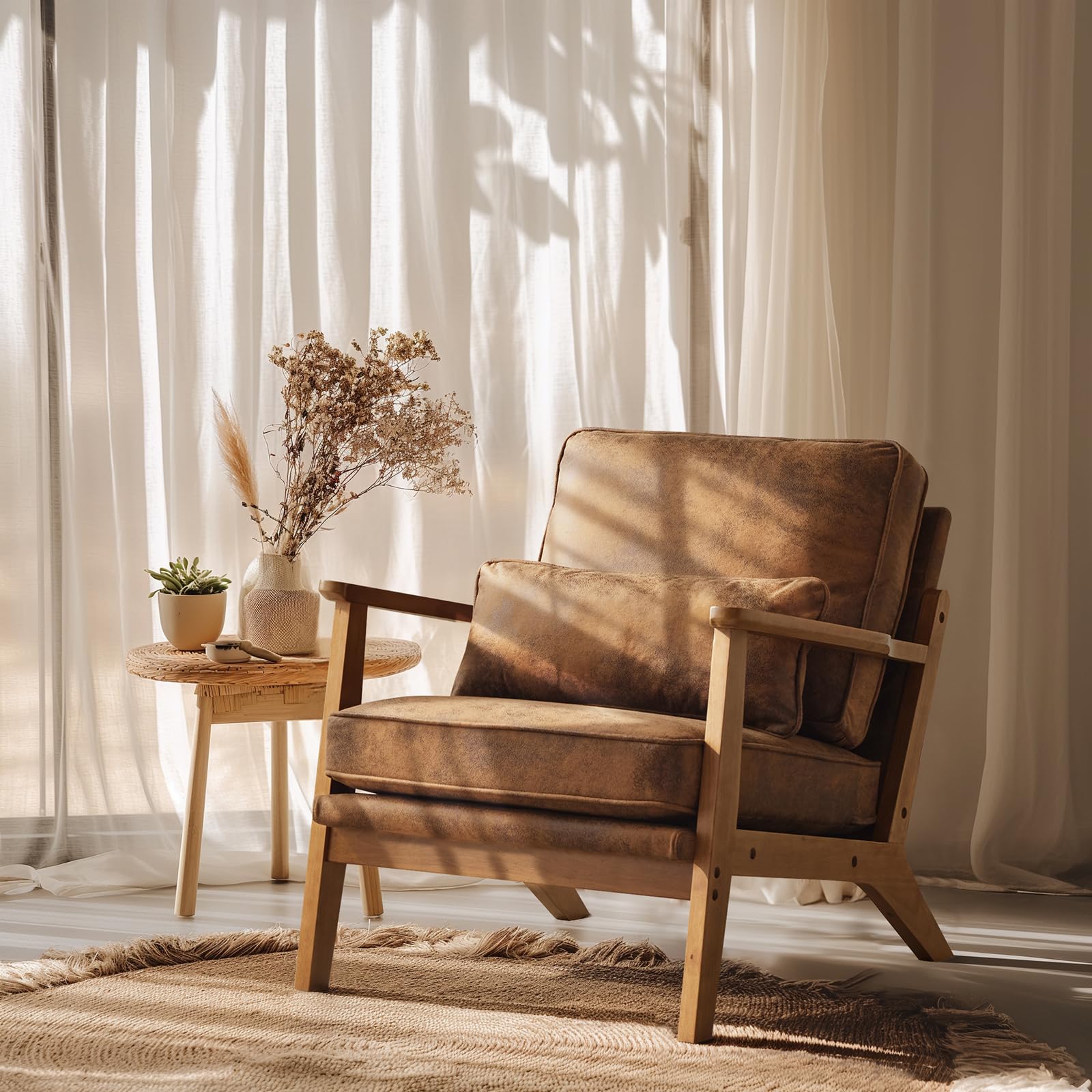 Mid-Century Accent Chair with Solid Wood Armrests