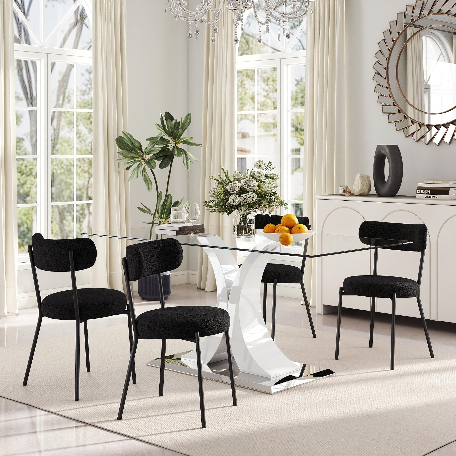Glass Dining Table Set with Bouclé Chairs & Bench