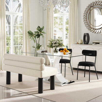 Glass Dining Table Set with Bouclé Chairs & Bench