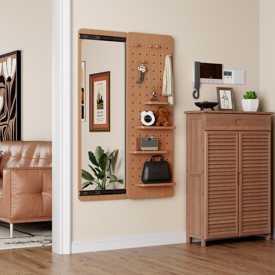 Wall-Mounted Full-Length Mirror with Shelves & Hooks
