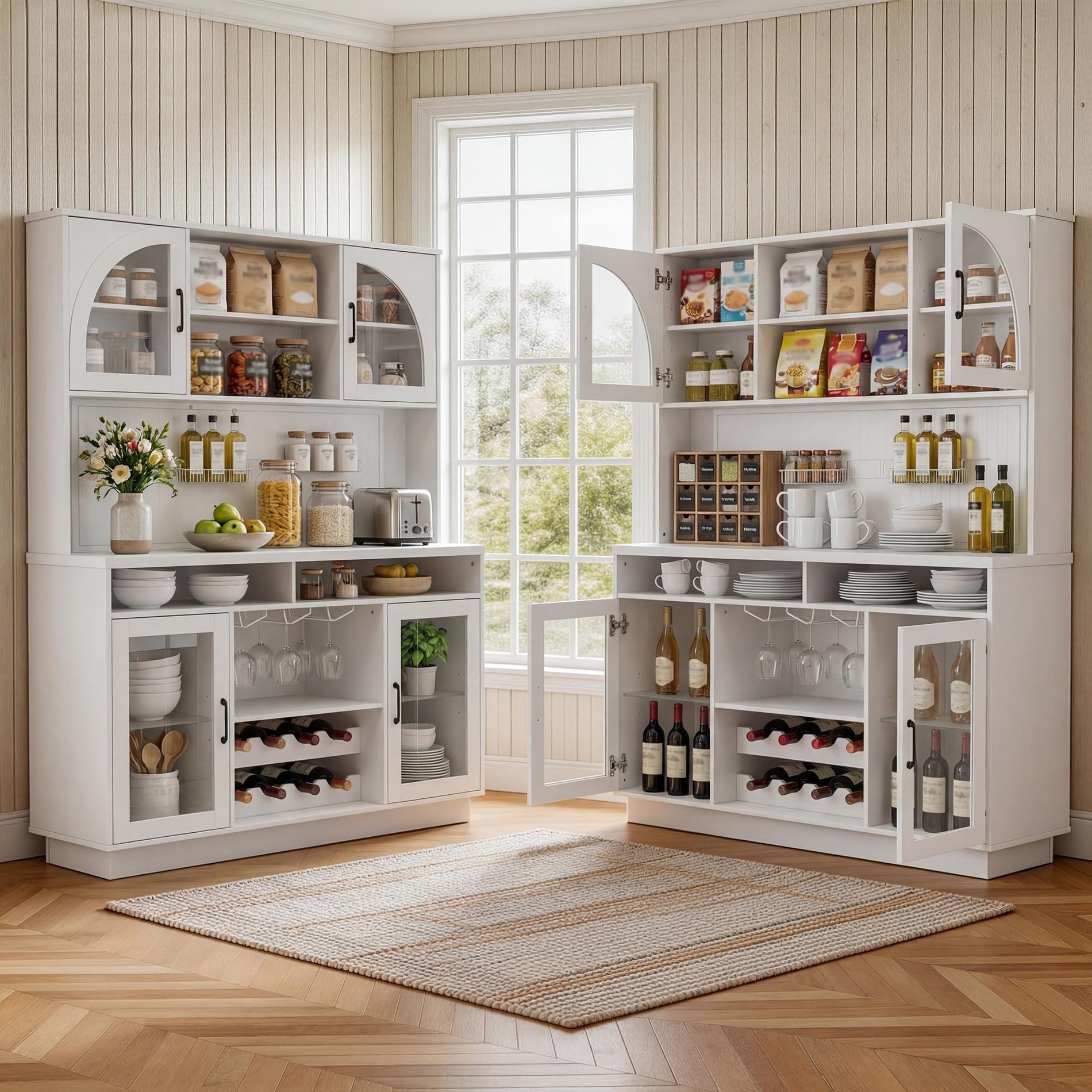 Kitchen Pantry Cabinet with Charging Station, LED Lights & Wine Rack