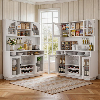 Kitchen Pantry Cabinet with Charging Station, LED Lights & Wine Rack
