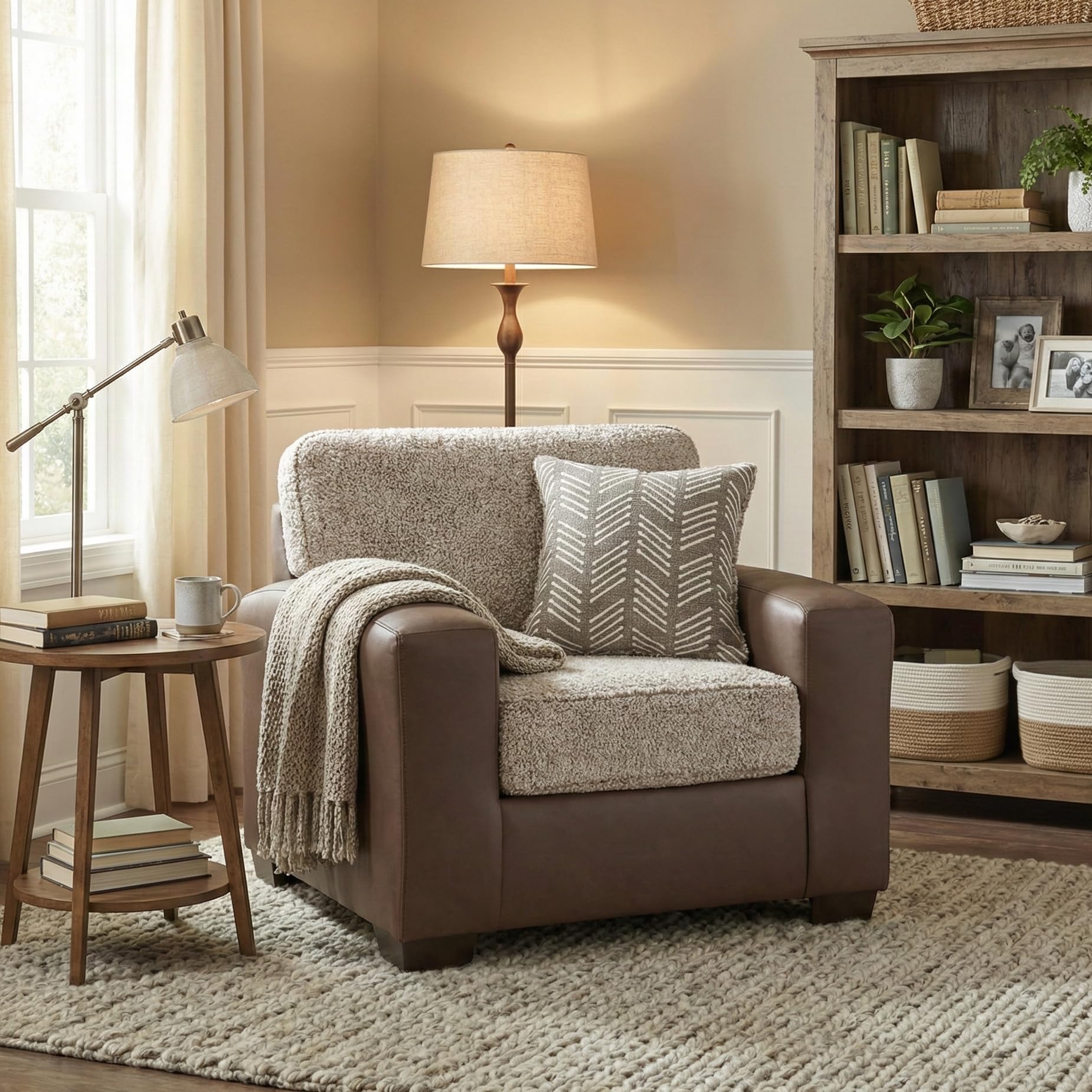 Leather Accent Chair & Ottoman Set with Sherpa Cushion