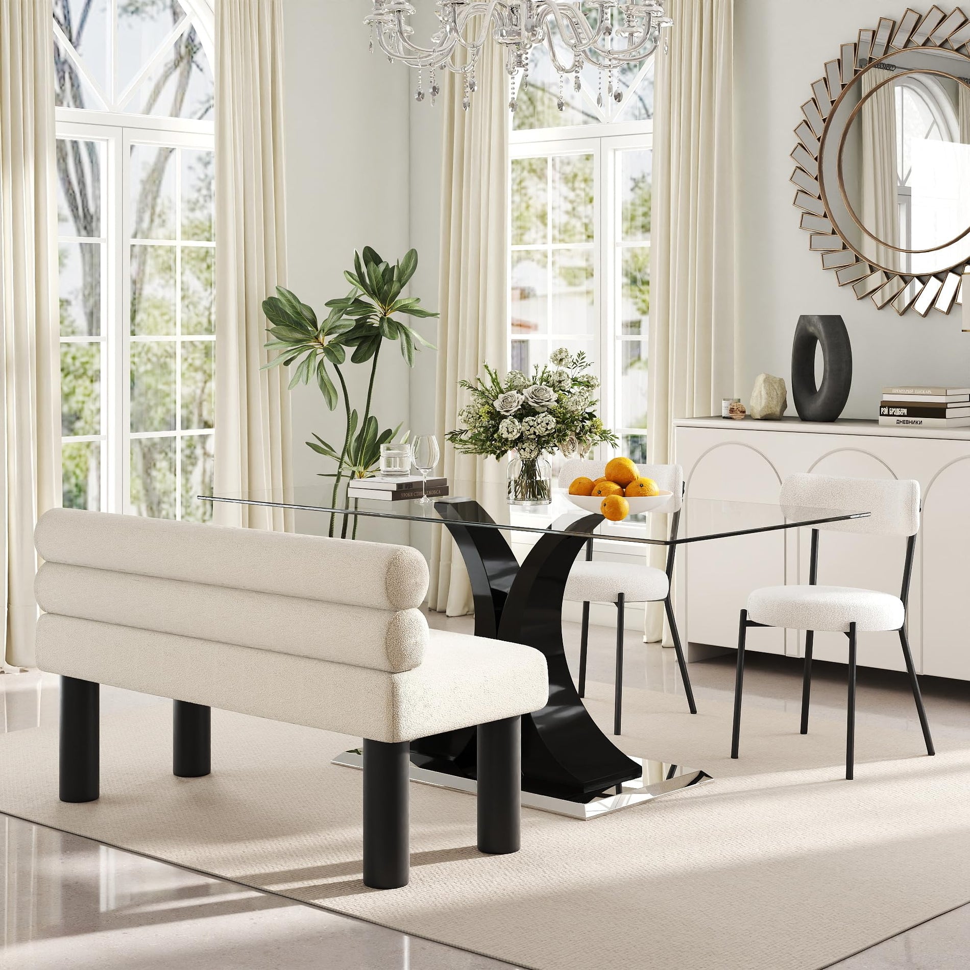 Glass Dining Table Set with Bouclé Chairs & Bench