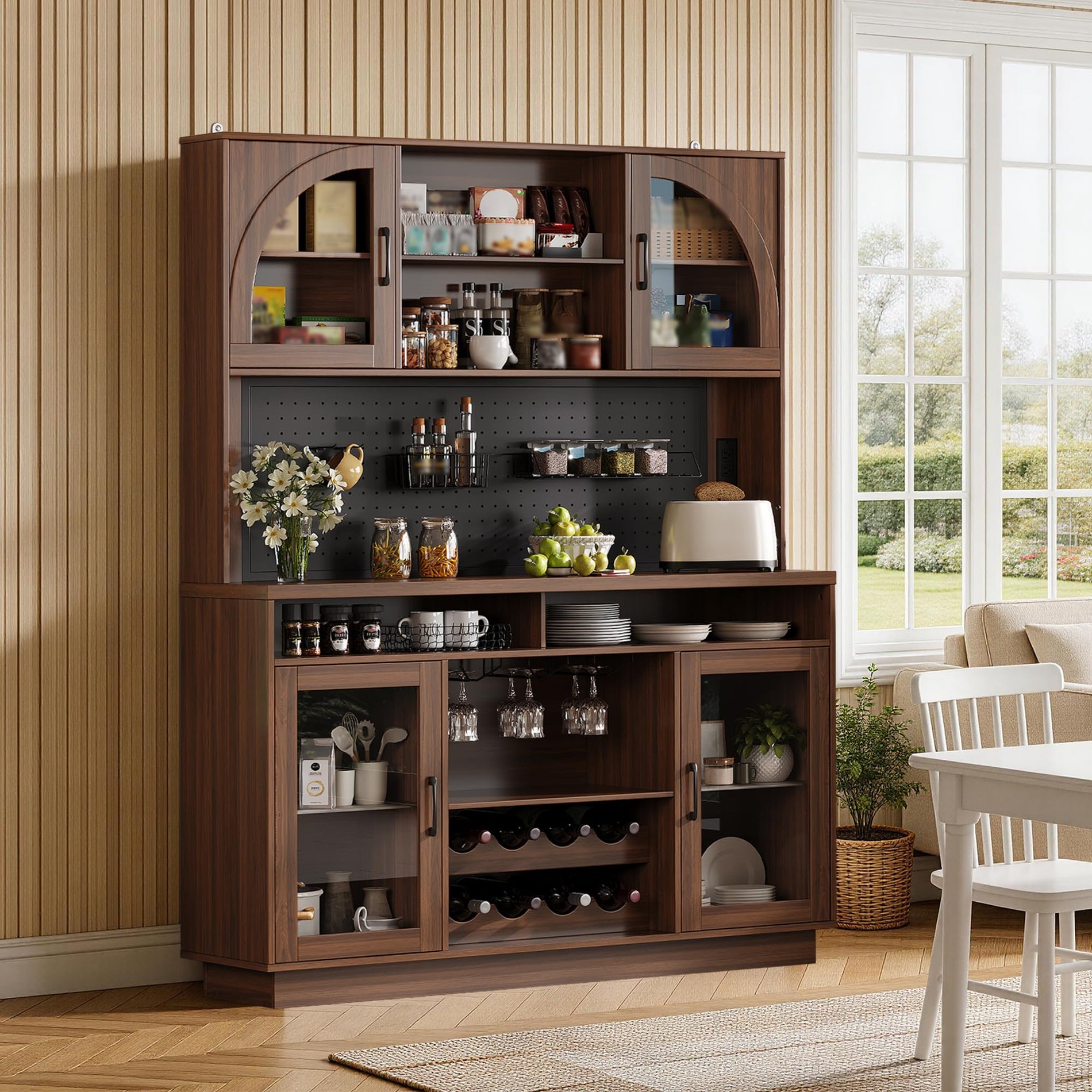 Kitchen Pantry Cabinet with Charging Station, LED Lights & Wine Rack