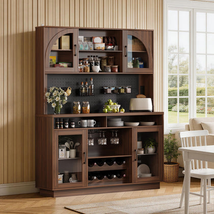 Kitchen Pantry Cabinet with Charging Station, LED Lights & Wine Rack