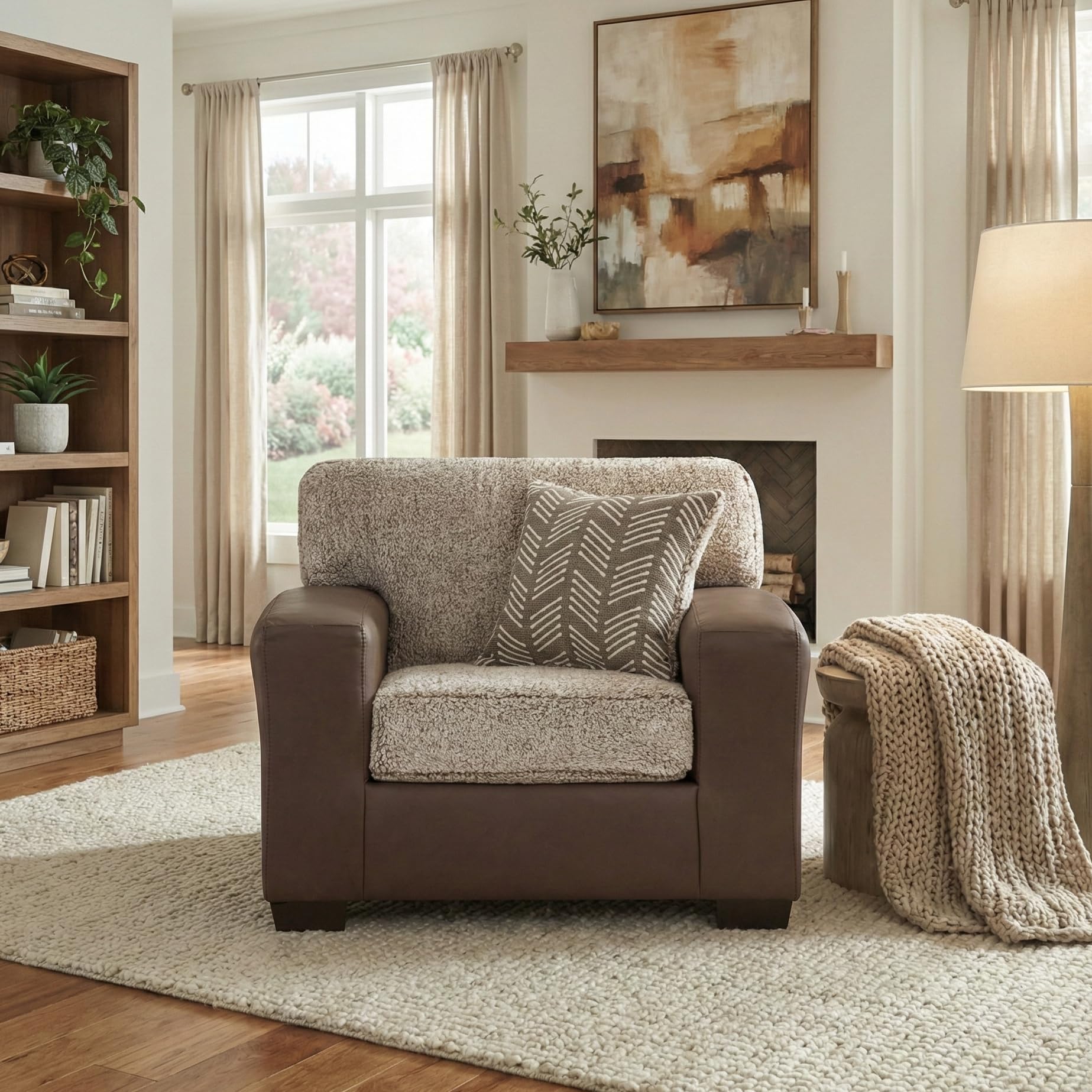 Leather Accent Chair & Ottoman Set with Sherpa Cushion