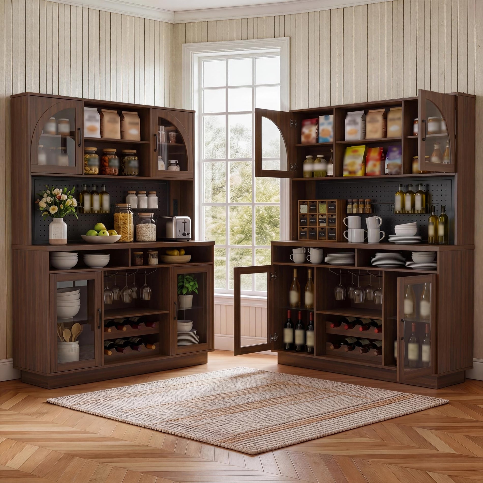 Kitchen Pantry Cabinet with Charging Station, LED Lights & Wine Rack