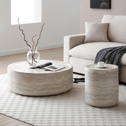 Set of 2 Faux Travertine Round Coffee & Side Tables