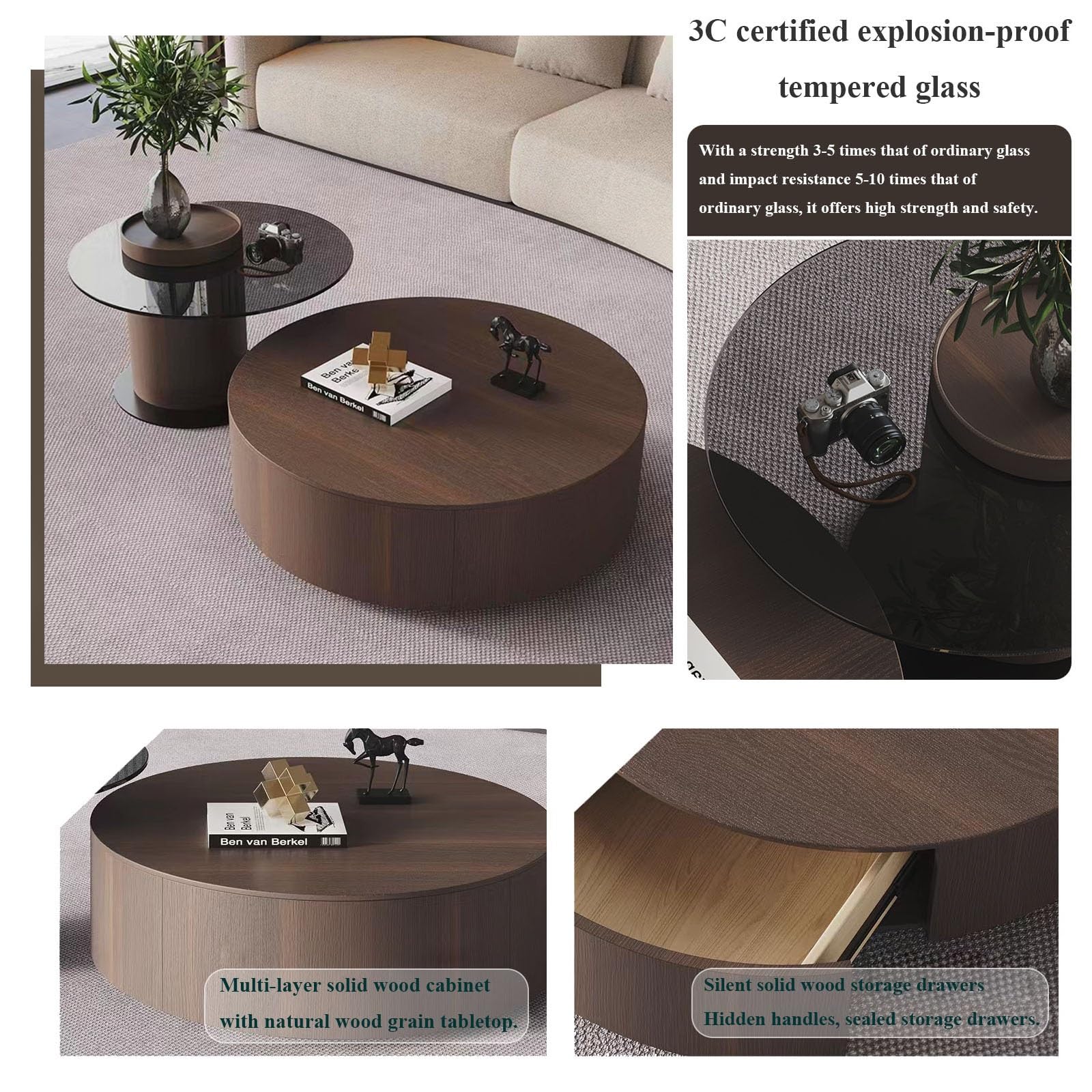 Solid Wood Coffee Table Set with Tempered Glass Top & Side Table