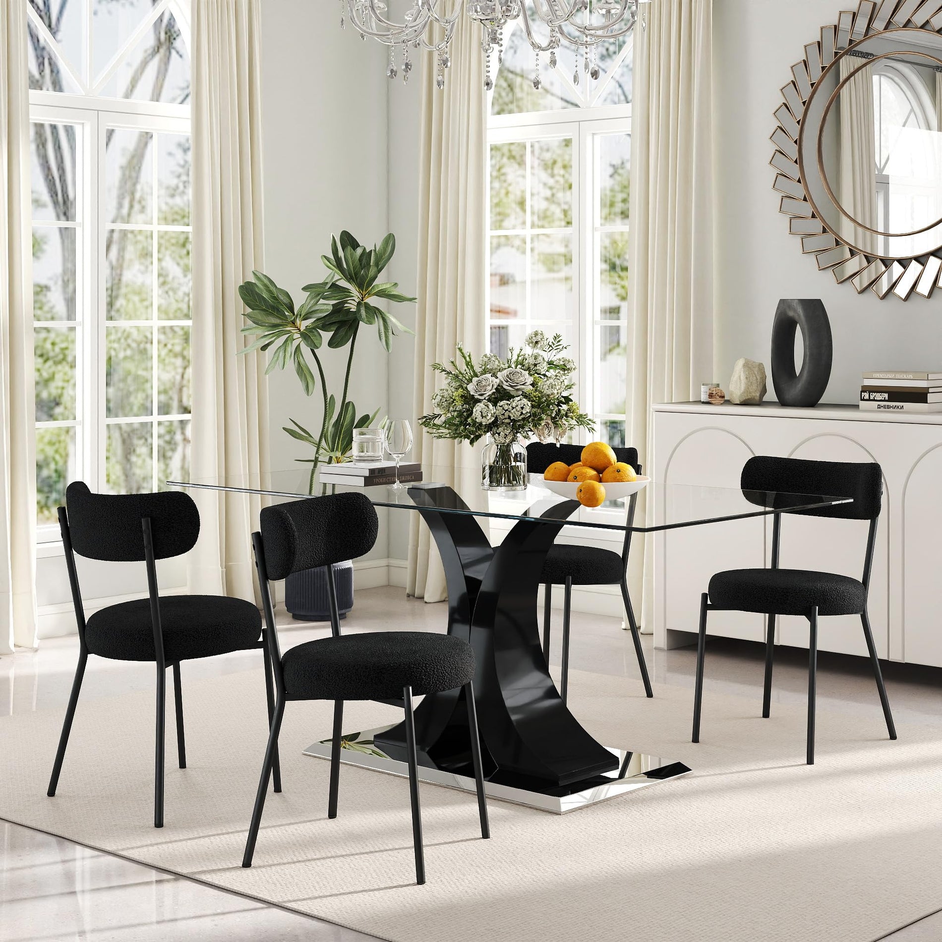 Glass Dining Table Set with Bouclé Chairs & Bench