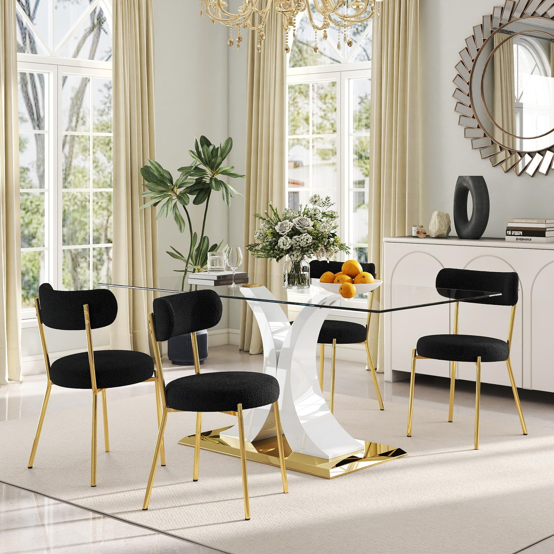 Glass Dining Table Set with Bouclé Chairs & Bench