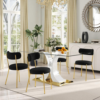 Glass Dining Table Set with Bouclé Chairs & Bench