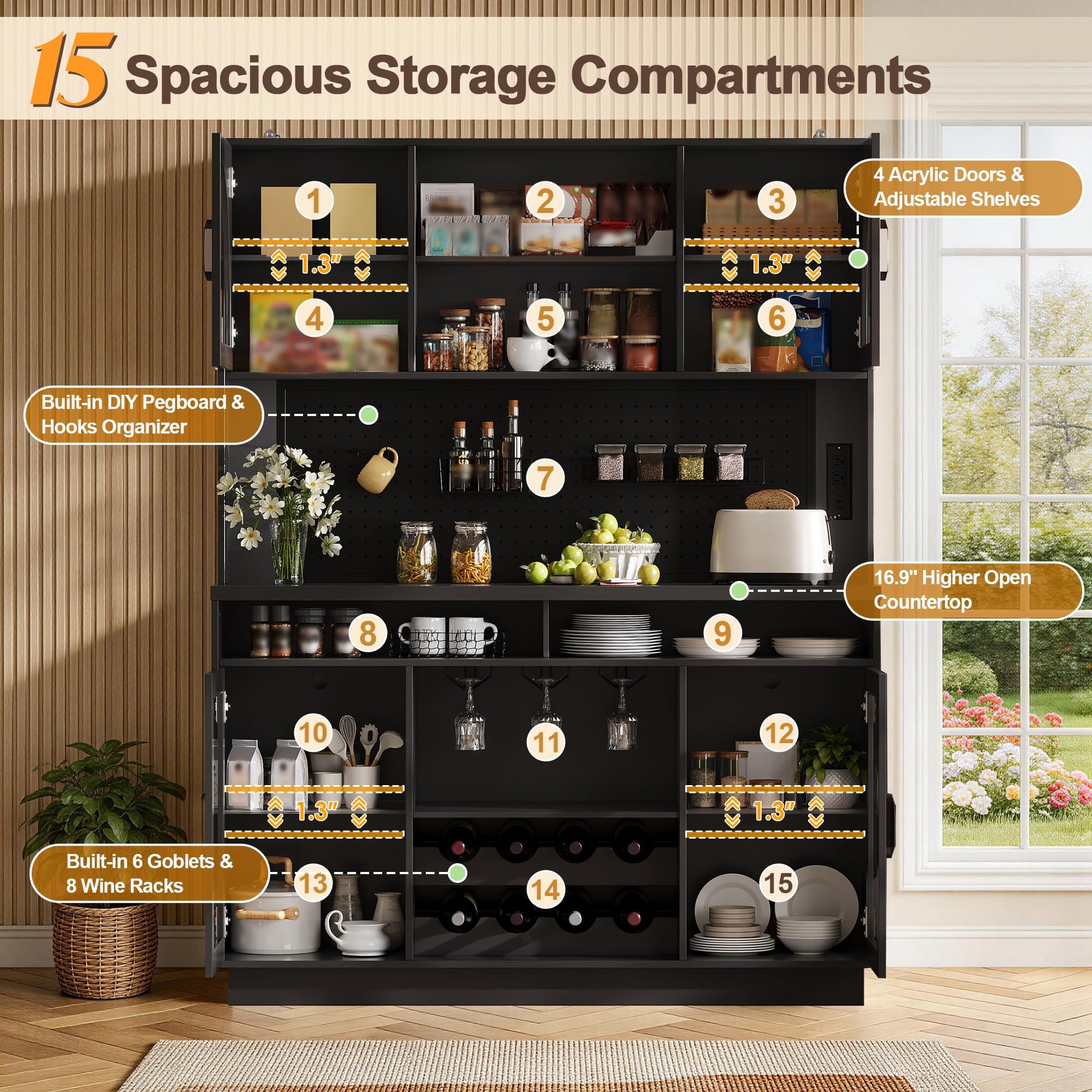 Kitchen Pantry Cabinet with Charging Station, LED Lights & Wine Rack