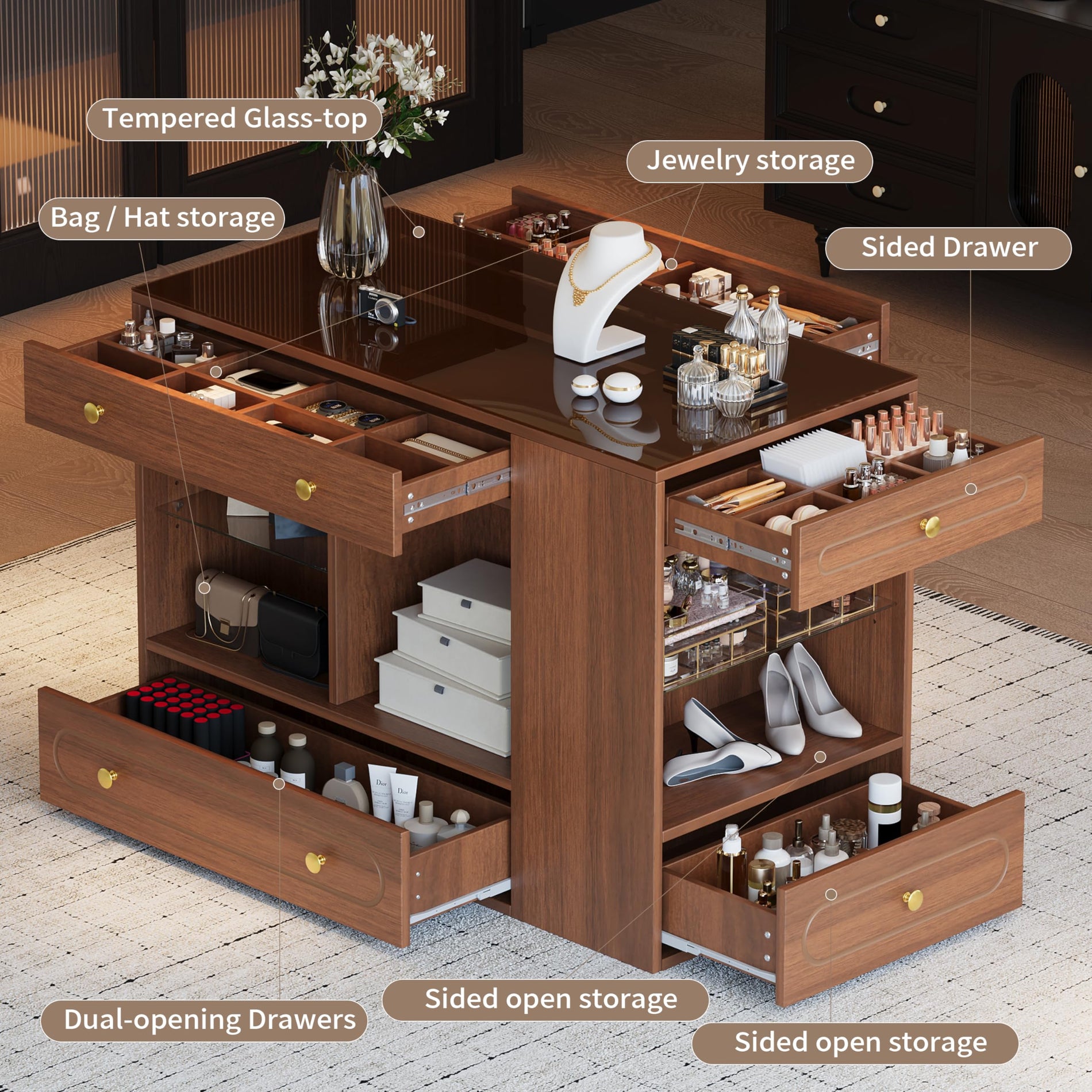Closet Island with Glass Top, 6 Drawers & Open Shelves