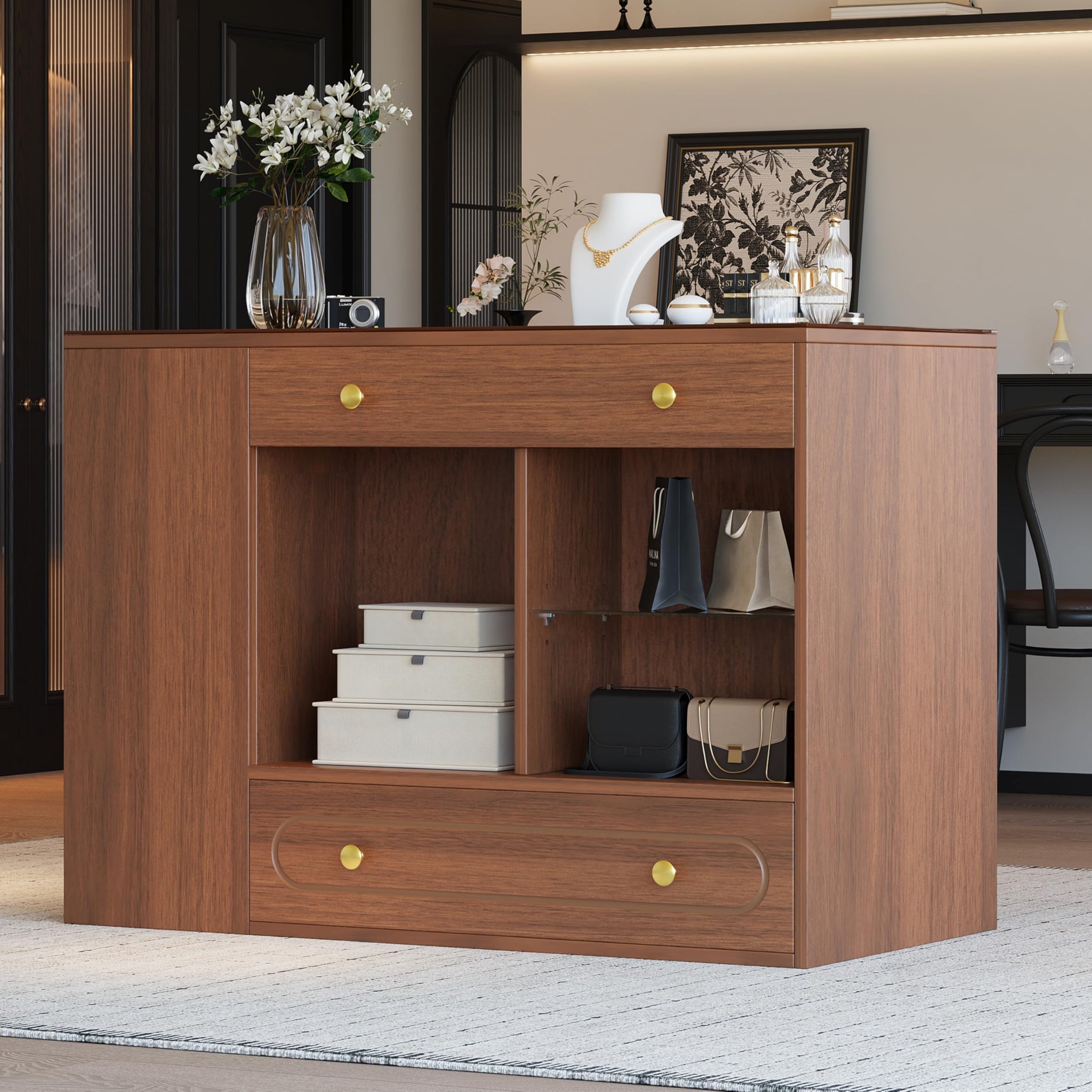 Closet Island with Glass Top, 6 Drawers & Open Shelves