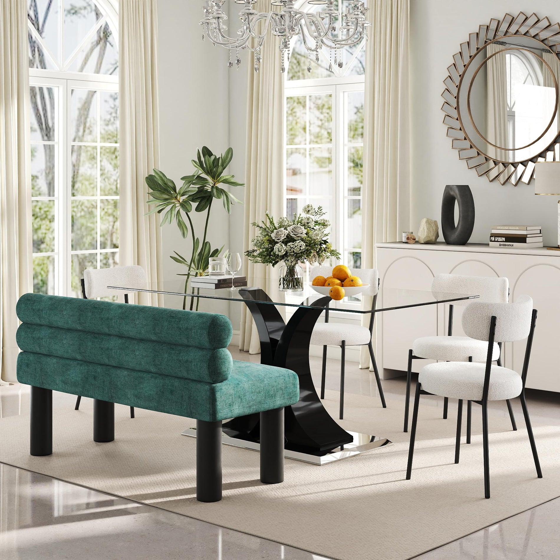 Glass Dining Table Set with Bouclé Chairs & Bench