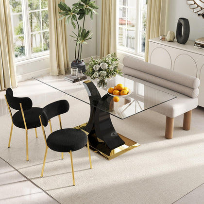 Glass Dining Table Set with Bouclé Chairs & Bench