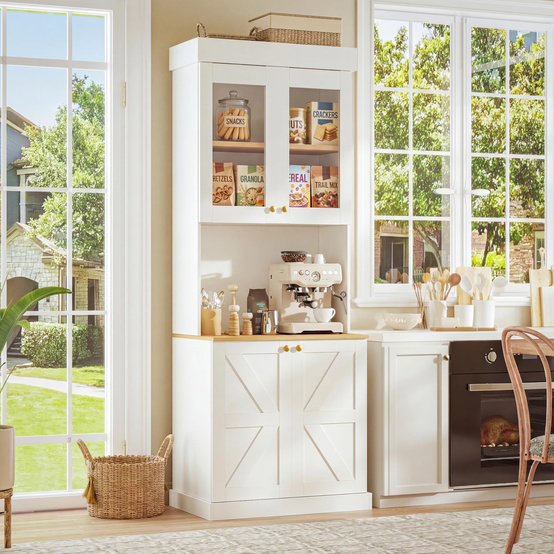Farmhouse Pantry Cabinet with Glass Doors
