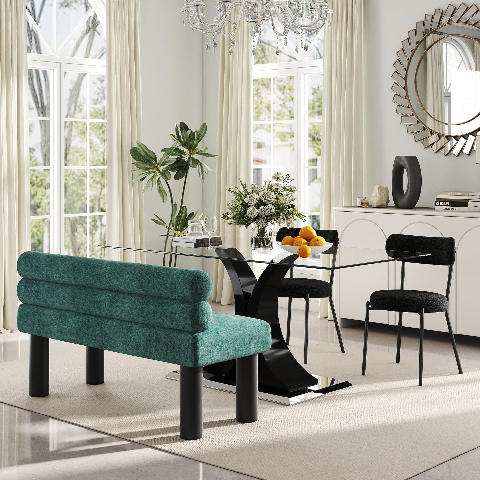Glass Dining Table Set with Bouclé Chairs & Bench