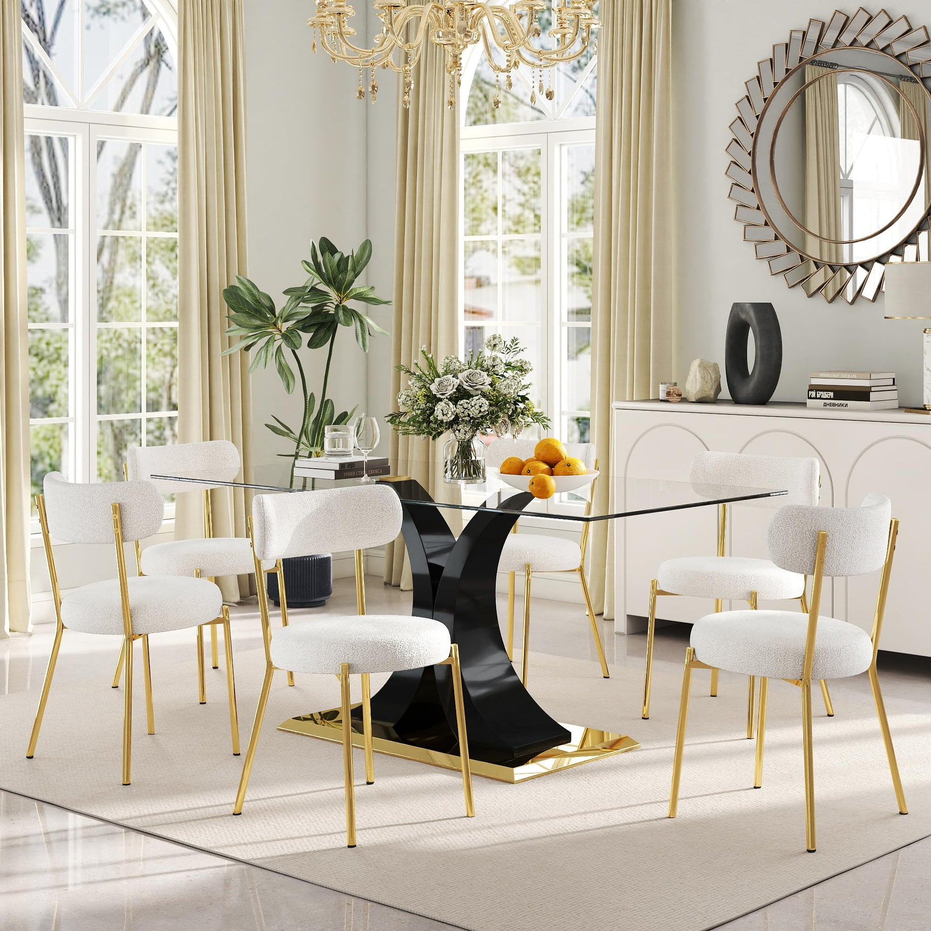 Glass Dining Table Set with Bouclé Chairs & Bench