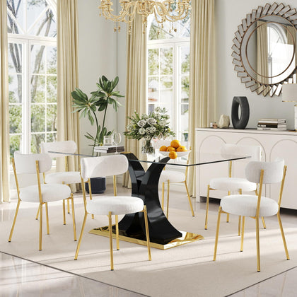 Glass Dining Table Set with Bouclé Chairs & Bench